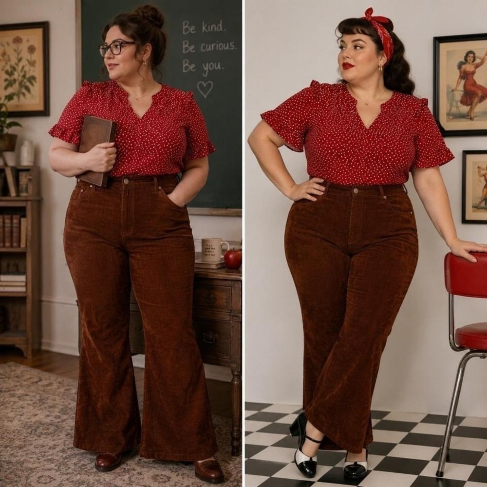 BloomChic Red Polka Dot Top Sz 18/20 Ruffle Plus V Neck Top Office Pinup Teacher